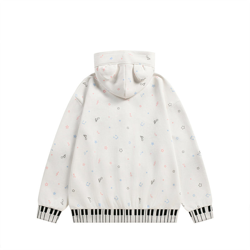 Cat Ear Zip-Up Hoodie with All-Over Music Note & Cartoon Print