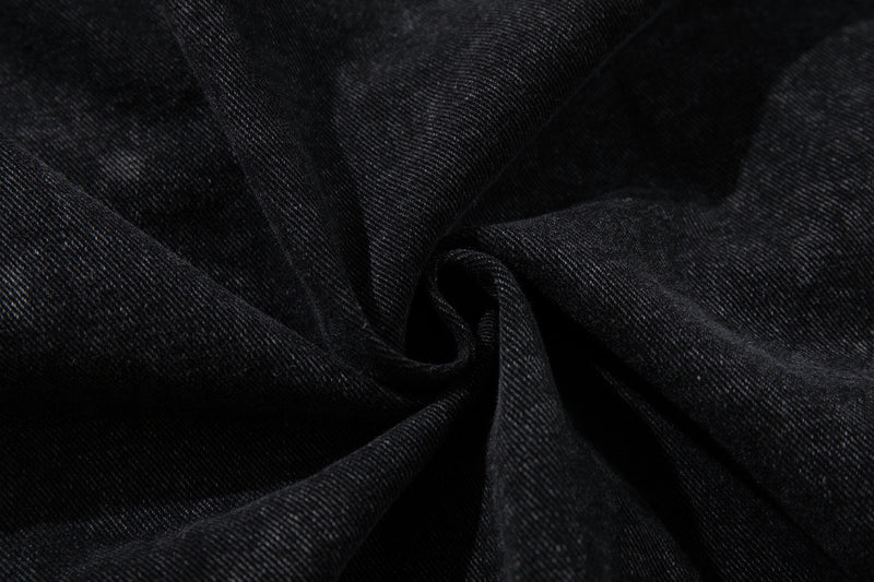 Washed Black Denim Hoodie Pullover with Metal Clasp Buckles