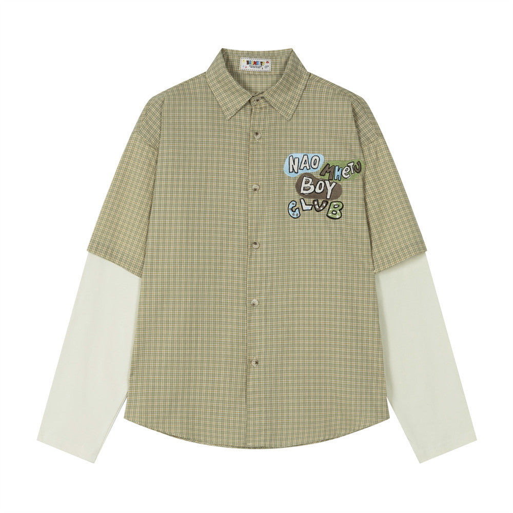 Plaid Faux Two-Piece Long Sleeve Shirt with Letter Embroidery Patch — Oversized