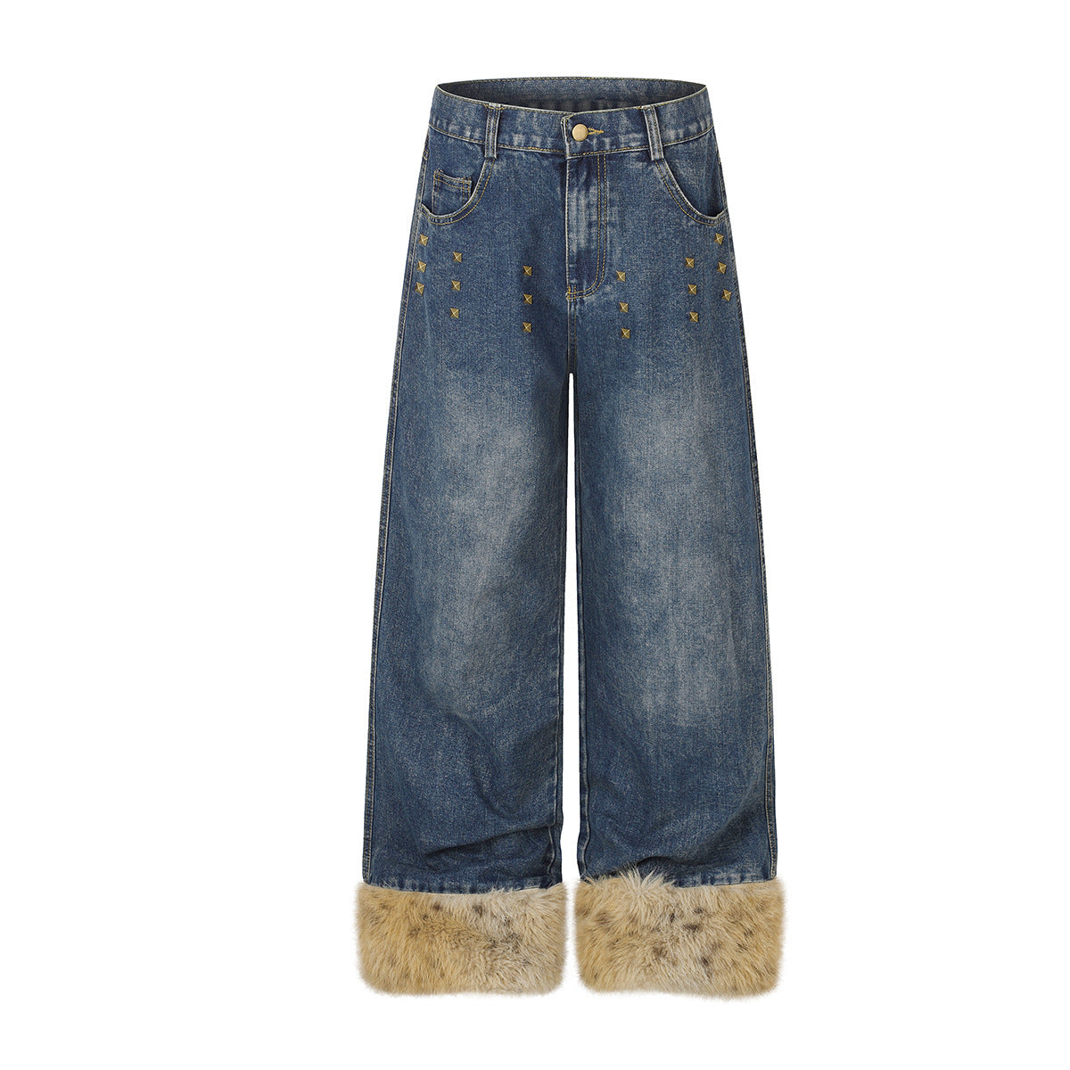 Baggy-Jeans mit weitem Bein, Pelzbesatz am Saum und goldfarbenen Nieten