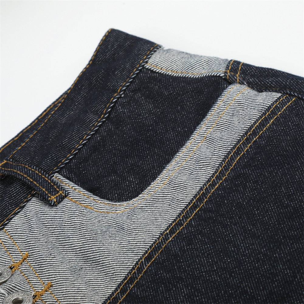 Men's Contrast Patchwork Denim Shorts Wide-Leg Button-Fly Bermuda