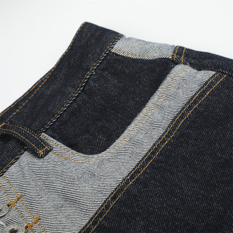 Men's Contrast Patchwork Denim Shorts Wide-Leg Button-Fly Bermuda