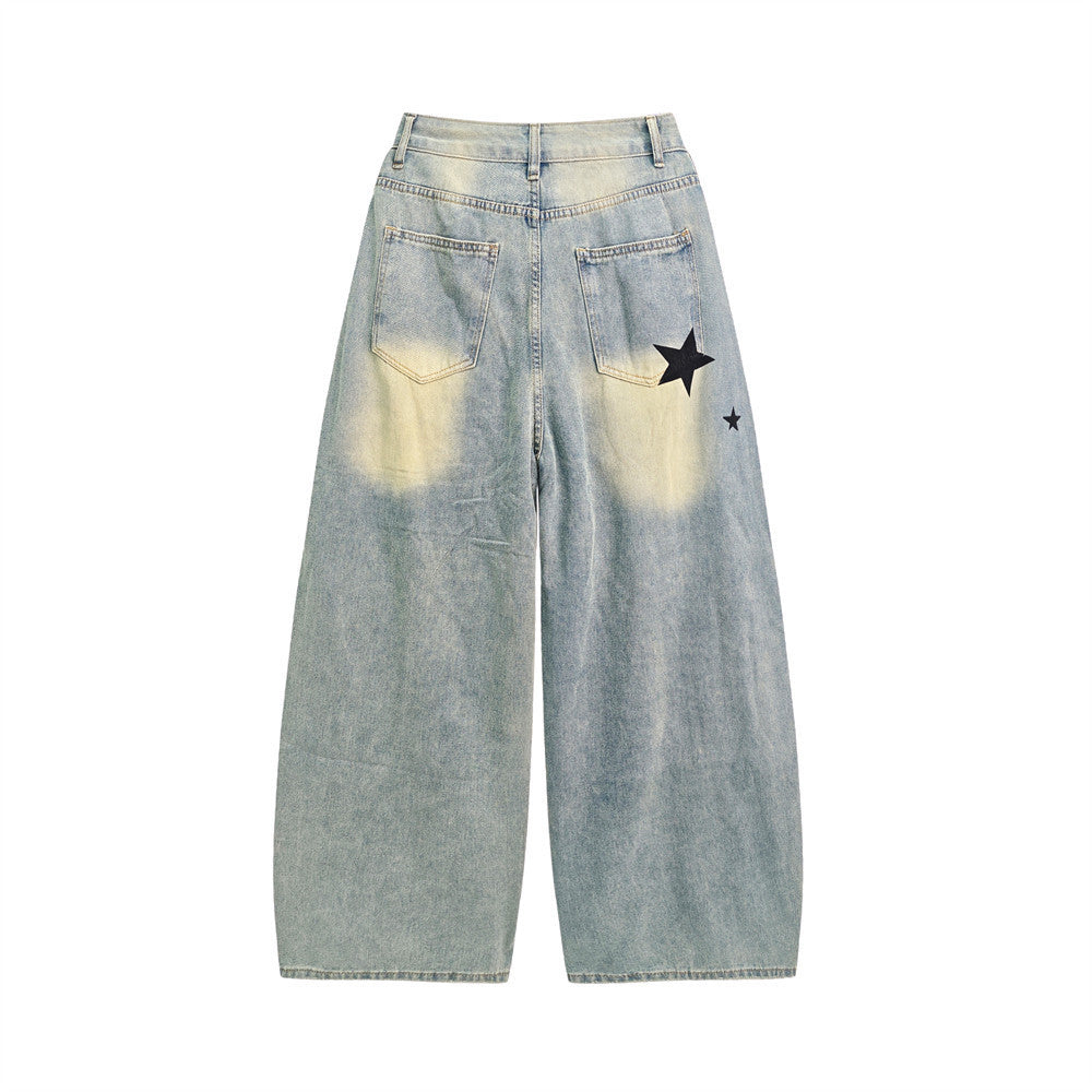 Star Print Distressed Wide Leg Jeans – Asymmetric Cargo Pocket Washed Denim