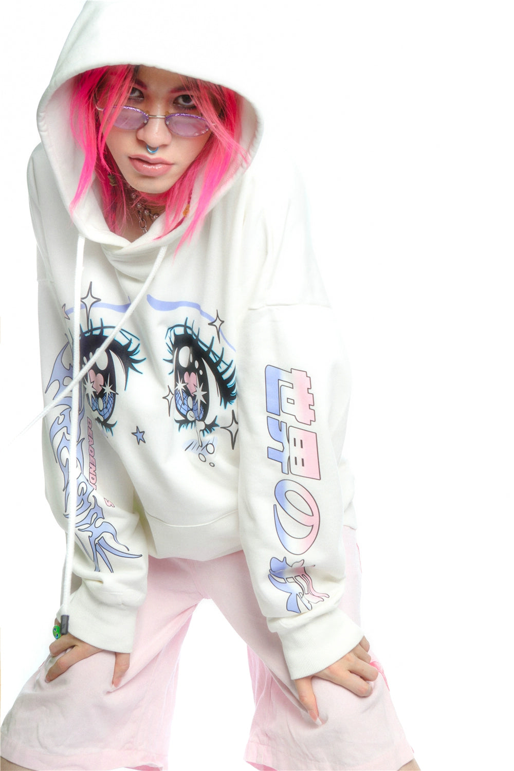 Kawaii Aesthetic Crying Eyes Hoodie – Pastel &amp; Dark Anime Pullover with Sleeve Graphics