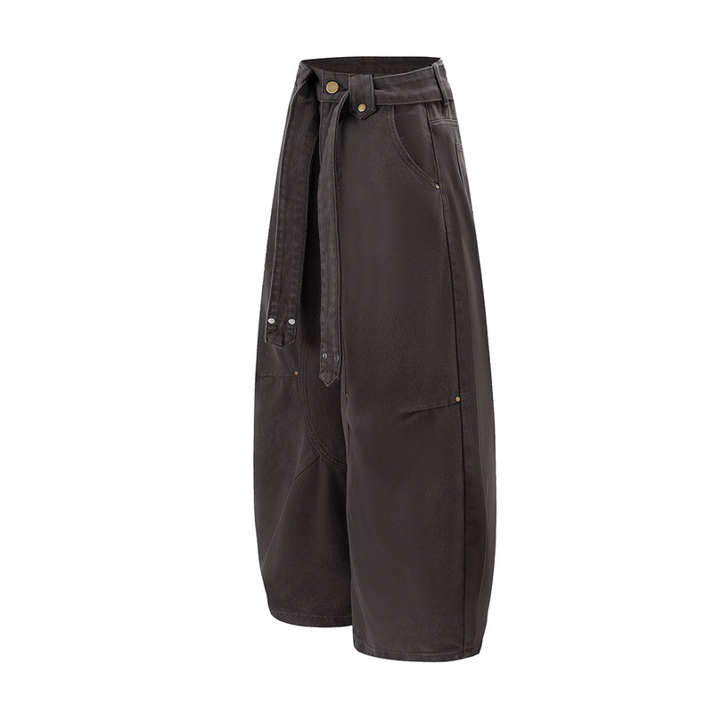 Wide-Leg Barrel Pants with Belt Strap, Pleated High-Waist Washed Casual Trousers