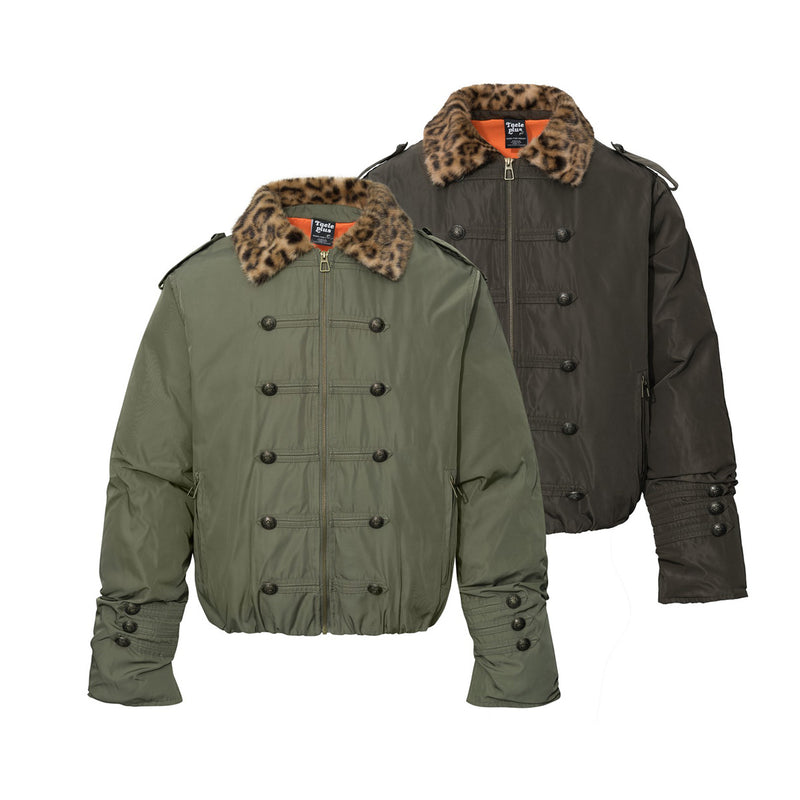 Military Bomber Jacket with Leopard Faux Fur Collar & Double-Breasted Button