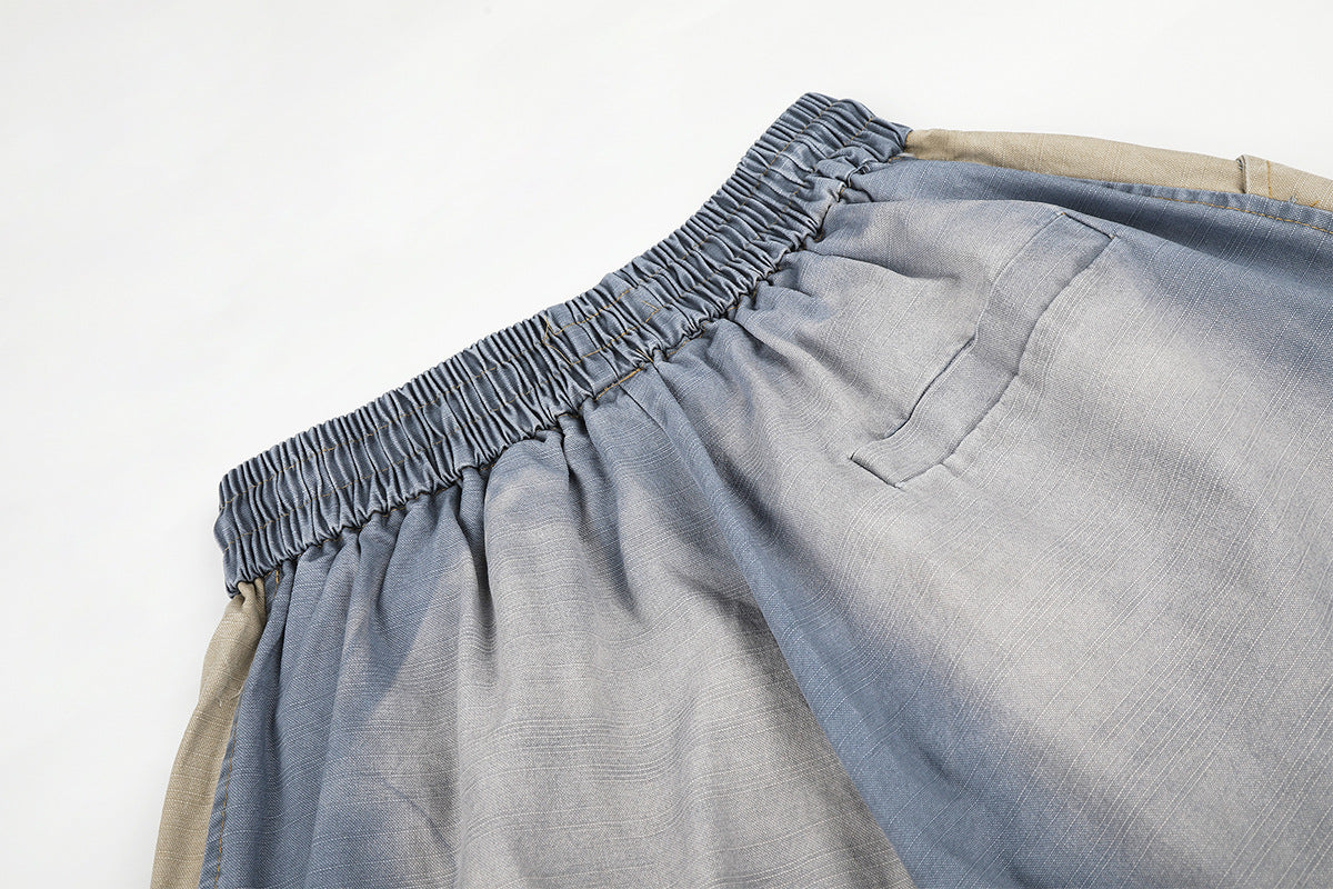 Jean wide leg délavé color block avec écusson étoile – Style street américain décontracté