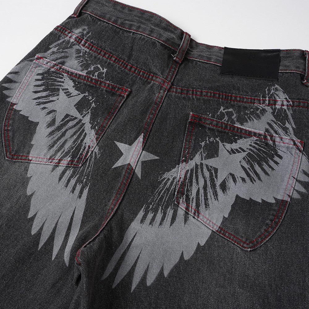 Wide Leg Jeans with Wing & Star Back Print, Red Contrast Stitching
