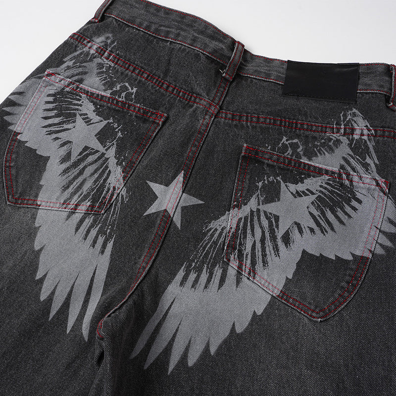 Wide Leg Jeans with Wing & Star Back Print, Red Contrast Stitching