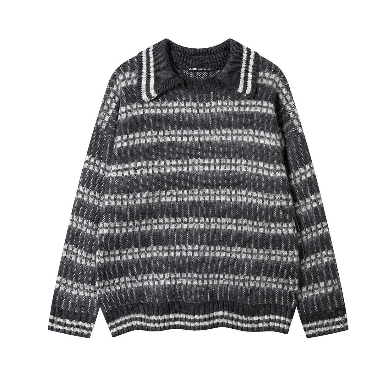 Striped Knit Sweater with Polo Collar – Oversized Fuzzy Texture