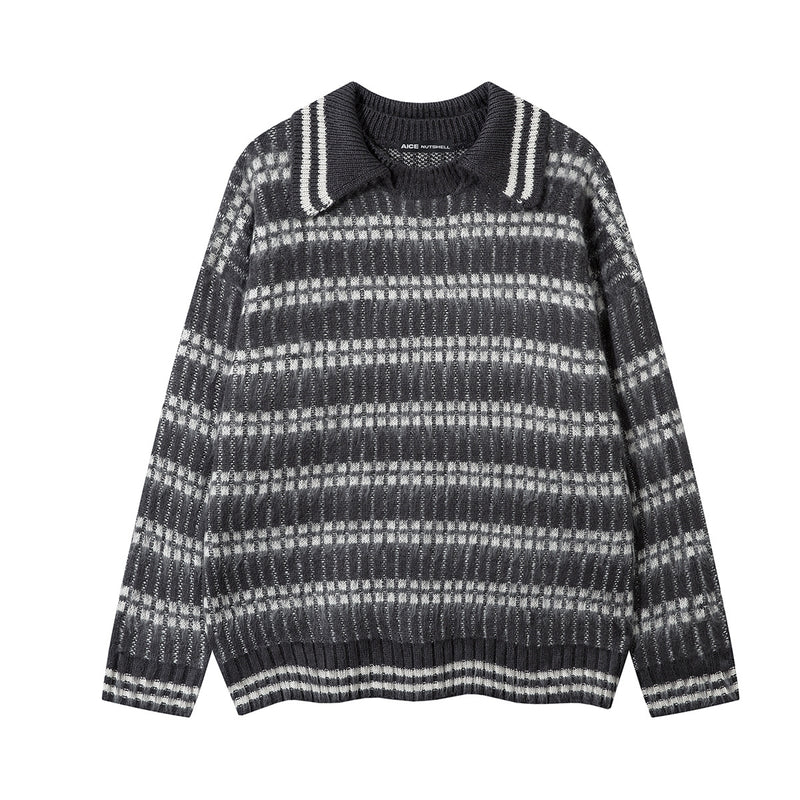 Striped Knit Sweater with Polo Collar – Oversized Fuzzy Texture