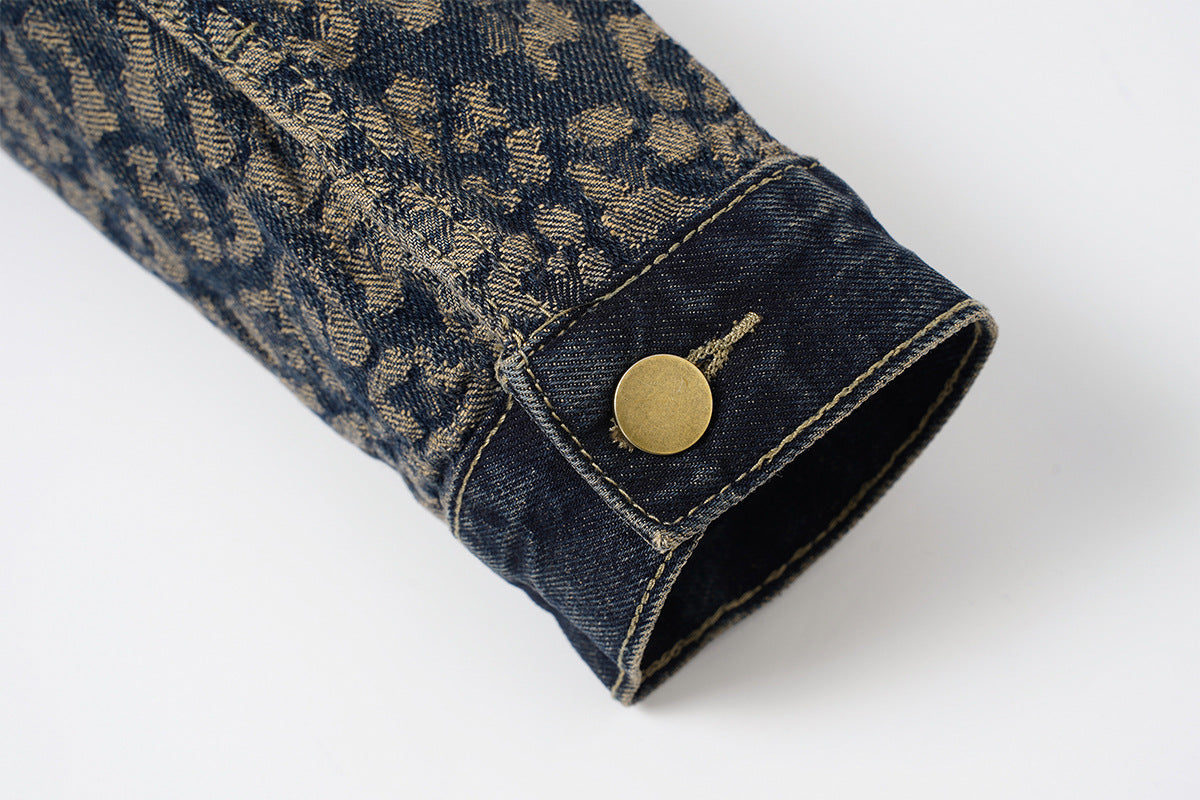 Veste en jean à imprimé léopard – Veste trucker patchwork délavée à col à pointes