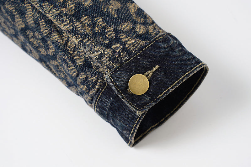 Veste en jean à imprimé léopard – Veste trucker patchwork délavée à col à pointes