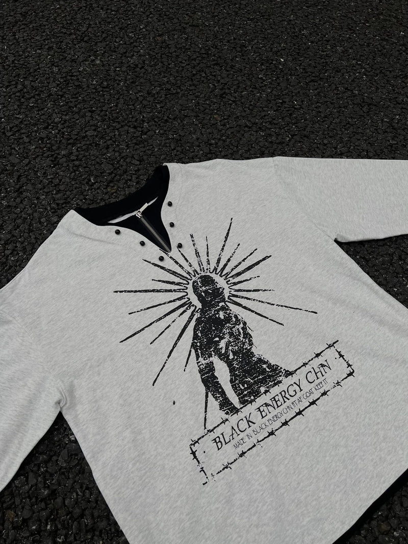 T-shirt graphique manches longues avec col zippé à rivets – Imprimé Black Energy CHN