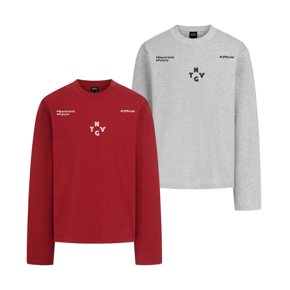 NTVG long sleeve crew neck shirt with crossword letter logo print in red and heather grey