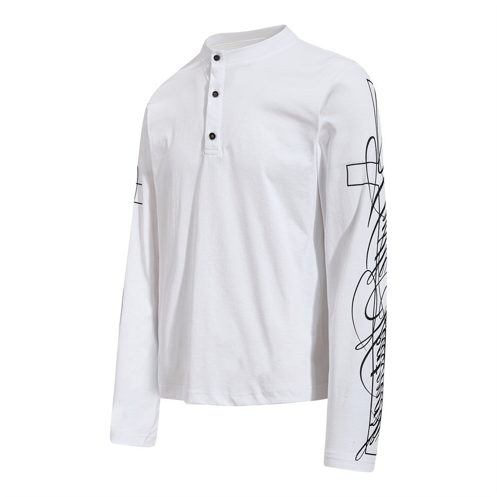 Men's Long Sleeve Henley Shirt with Cross Graffiti Sleeve Print