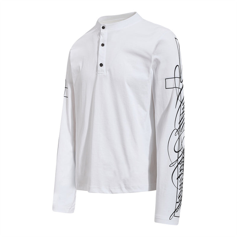 Men's Long Sleeve Henley Shirt with Cross Graffiti Sleeve Print