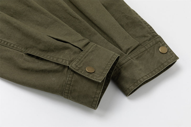 Army Green Stand Collar Metal Clasp Cargo Jacket – Relaxed Cropped Fit