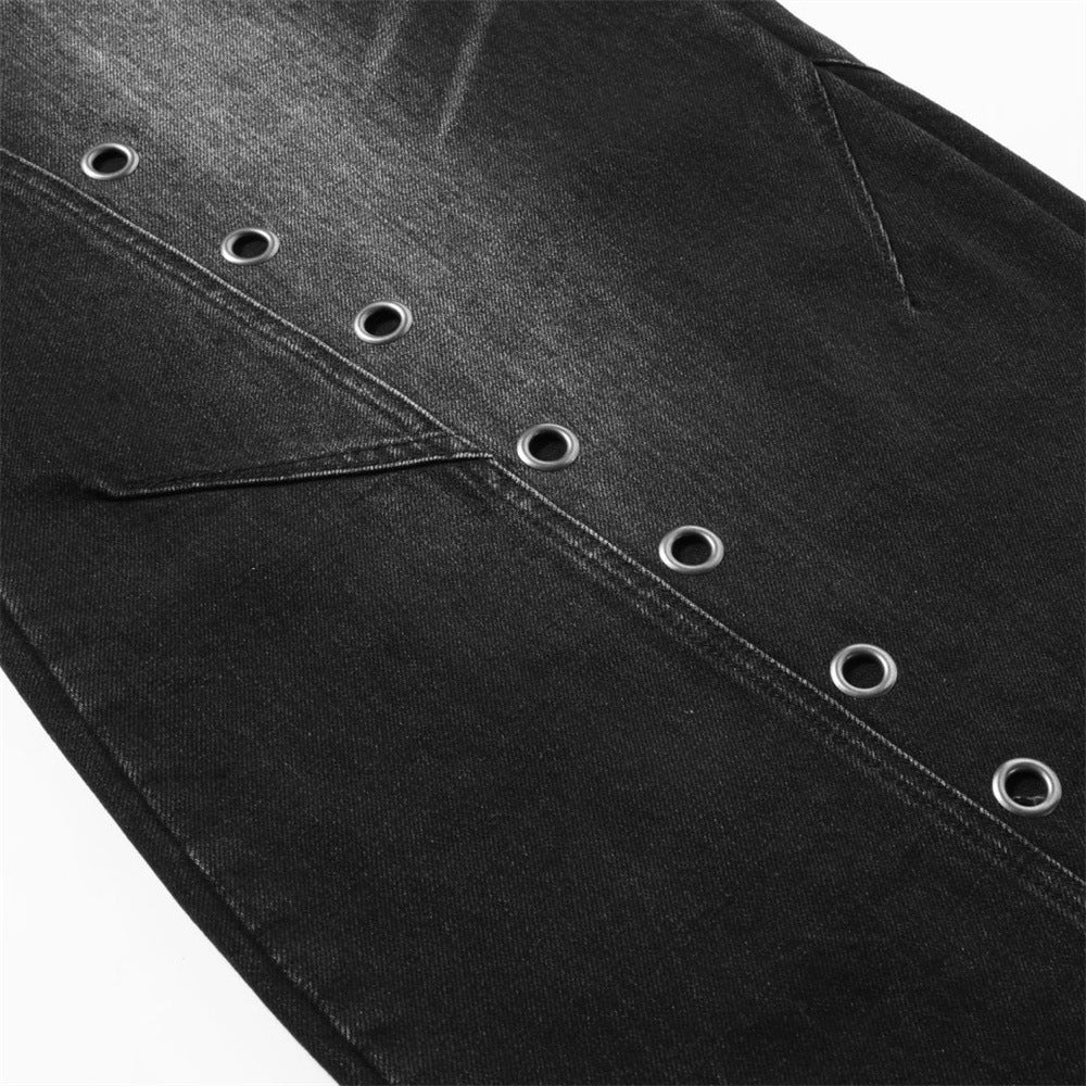 Men's Punk Wide-Leg Jeans with Metal Eyelet Detail – Deconstructed Baggy Denim