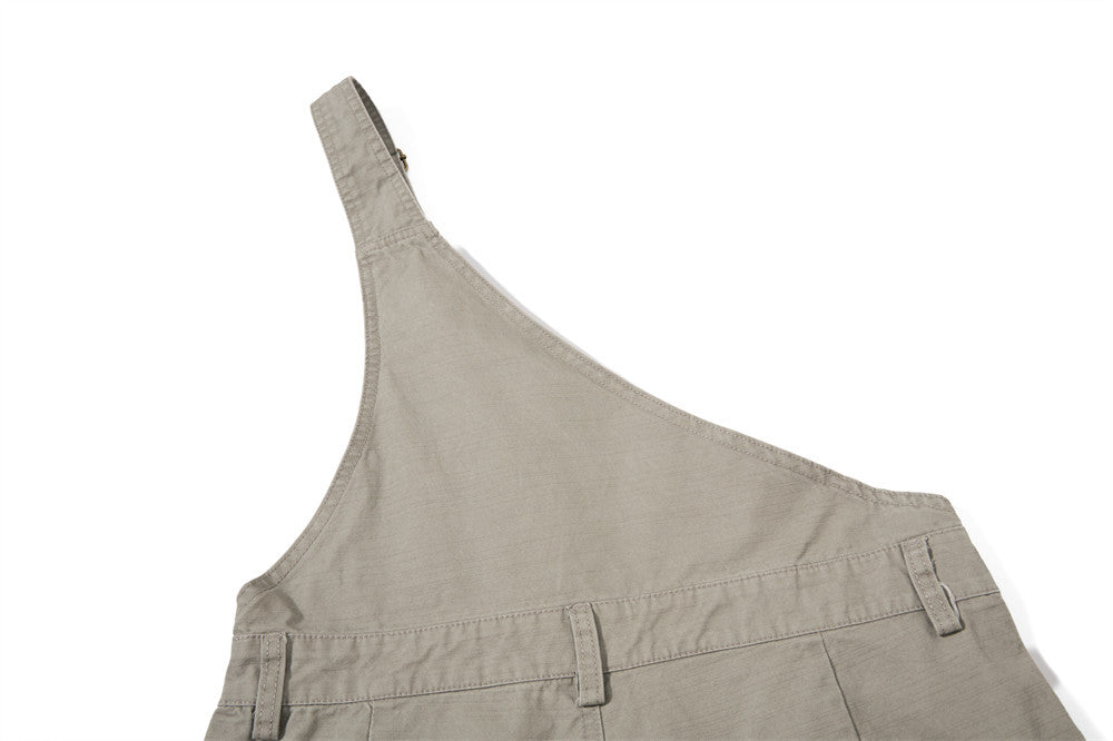 One-Shoulder Bib Overalls – Wide-Leg Cargo Pants with Zip Pockets & Pintuck