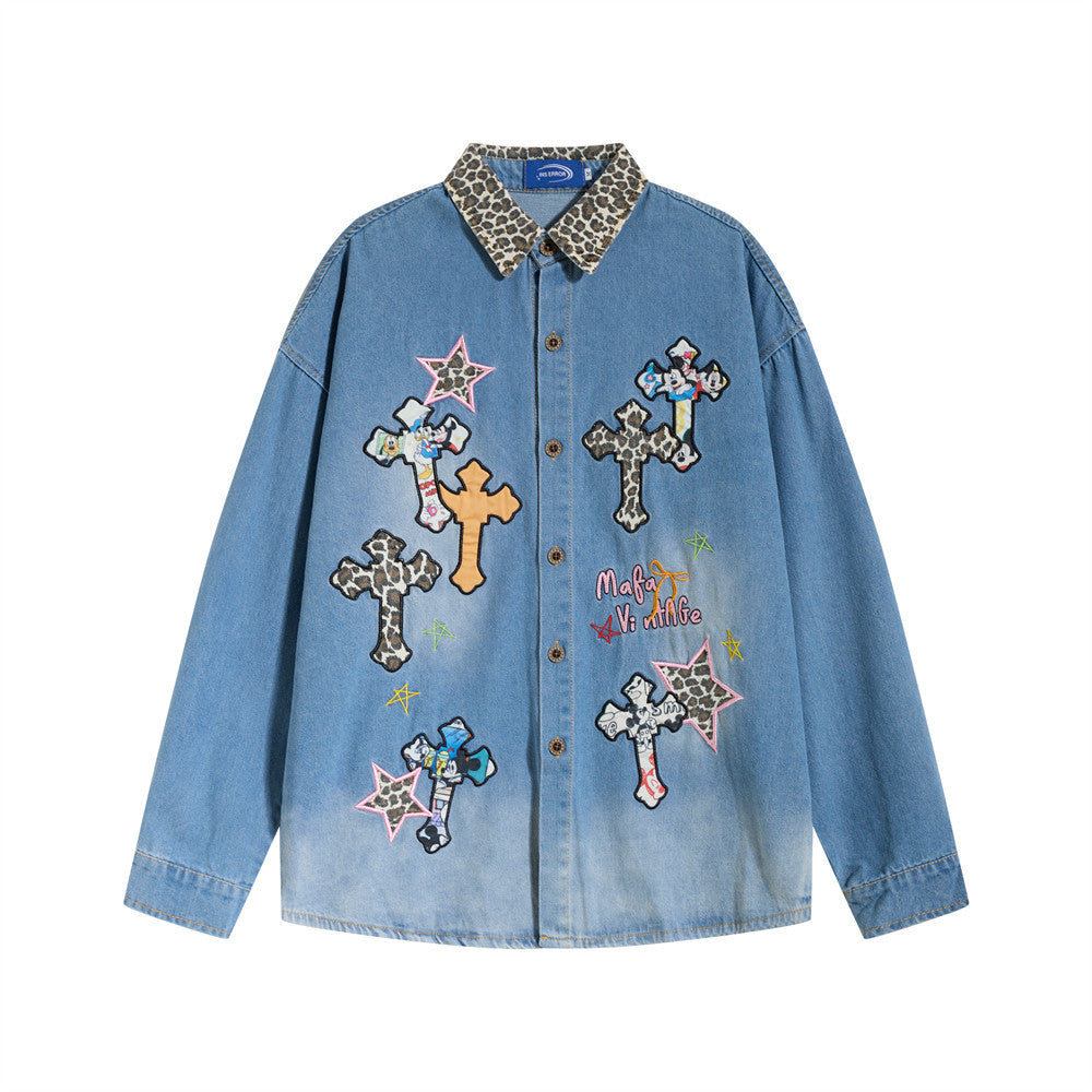 Men's oversized washed blue denim long sleeve shirt with cross patch embroidery and leopard print collar
