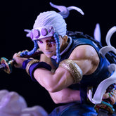 The Uzui Tengen Action Figure from Demon Slayer features a 14CM model of the Battle Sound Pillar, showcasing his braided white hair, muscular build, and intricate outfit. Adorned with a headband, sword, and gold accessories in a dynamic pose against a soft-focus background.