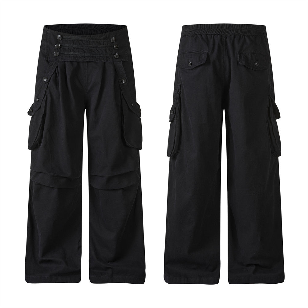 Pantalon cargo homme noir à jambes larges, ceinture à double rangée de boutons et grandes poches cargo latérales, vues avant et arrière