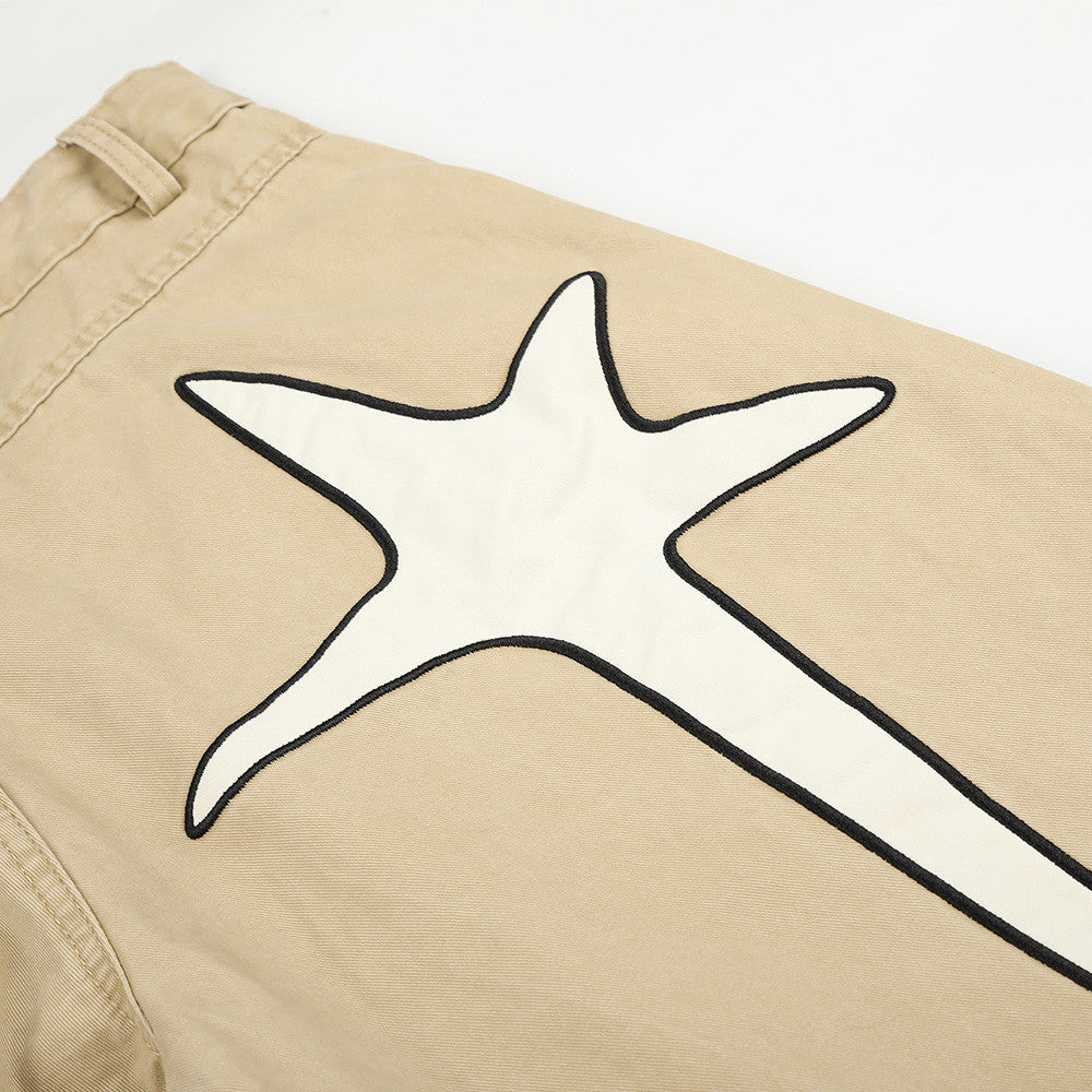 Wide-Leg Men's Pants with Star Embroidery & Cross Back Graphic – Relaxed