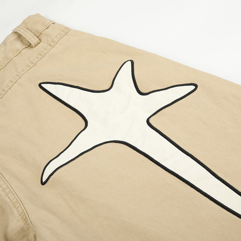 Wide-Leg Men's Pants with Star Embroidery & Cross Back Graphic – Relaxed