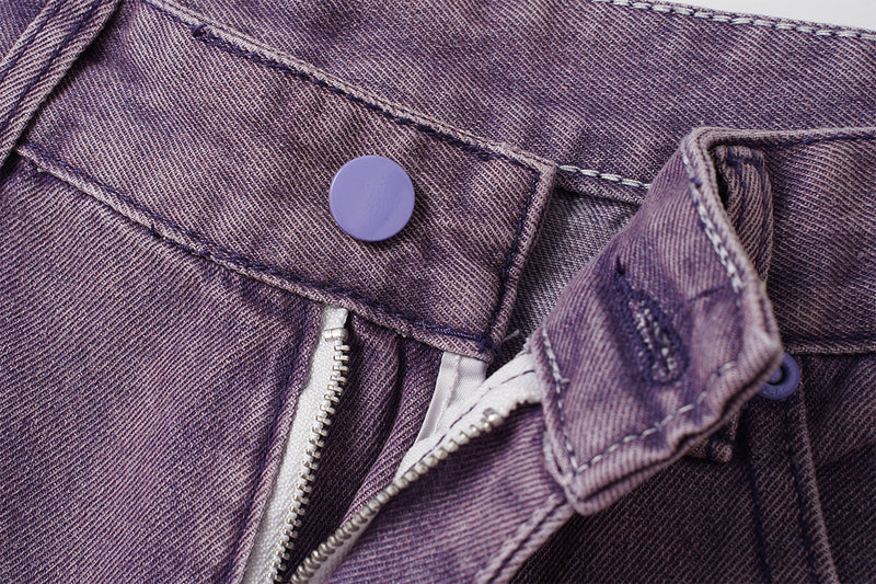 Jean taille haute à jambe large – Pantalon barrel en denim violet délavé à l’acide, imprimé graffiti