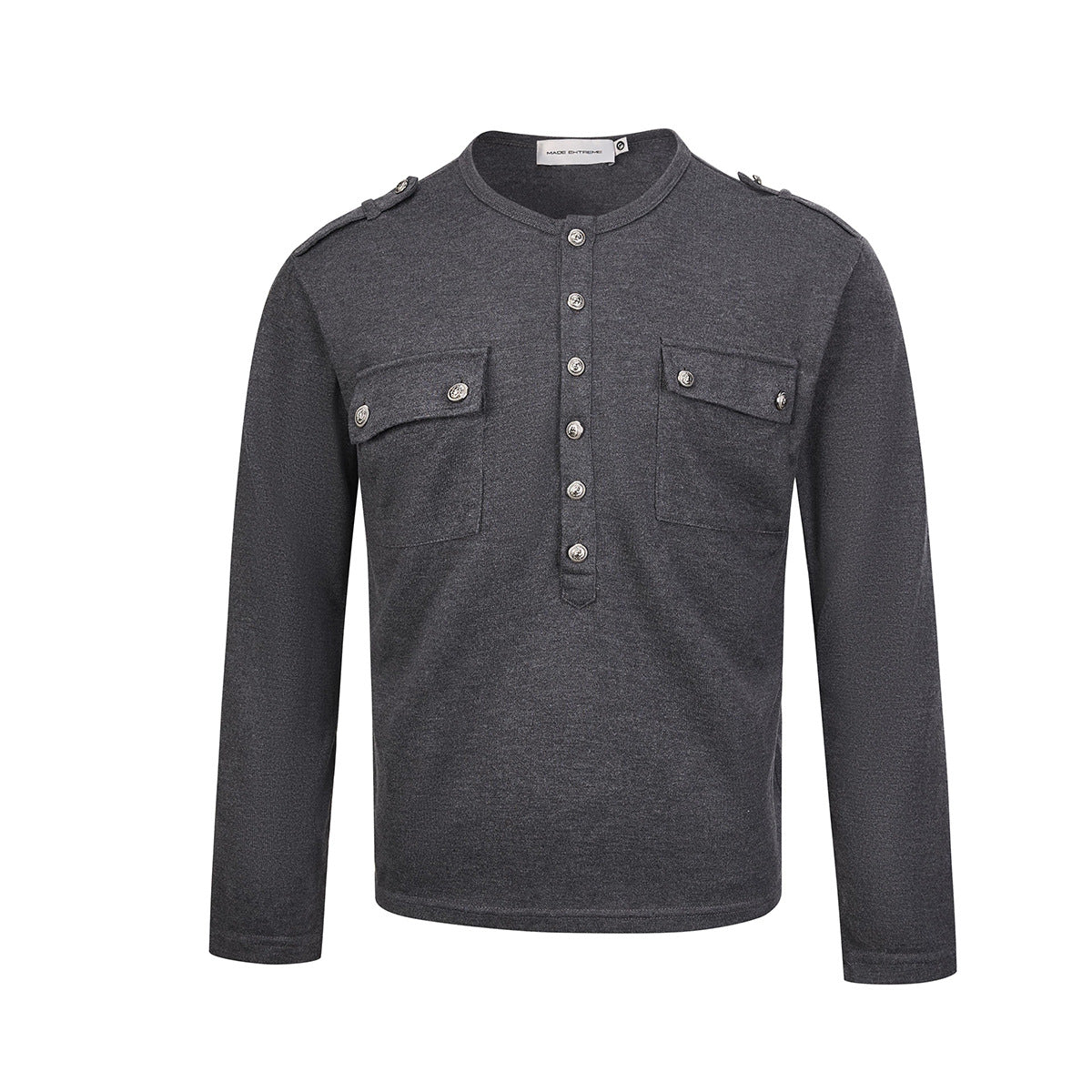 Men's Military-Style Henley Long Sleeve Shirt with Chest Pockets & Epaulettes