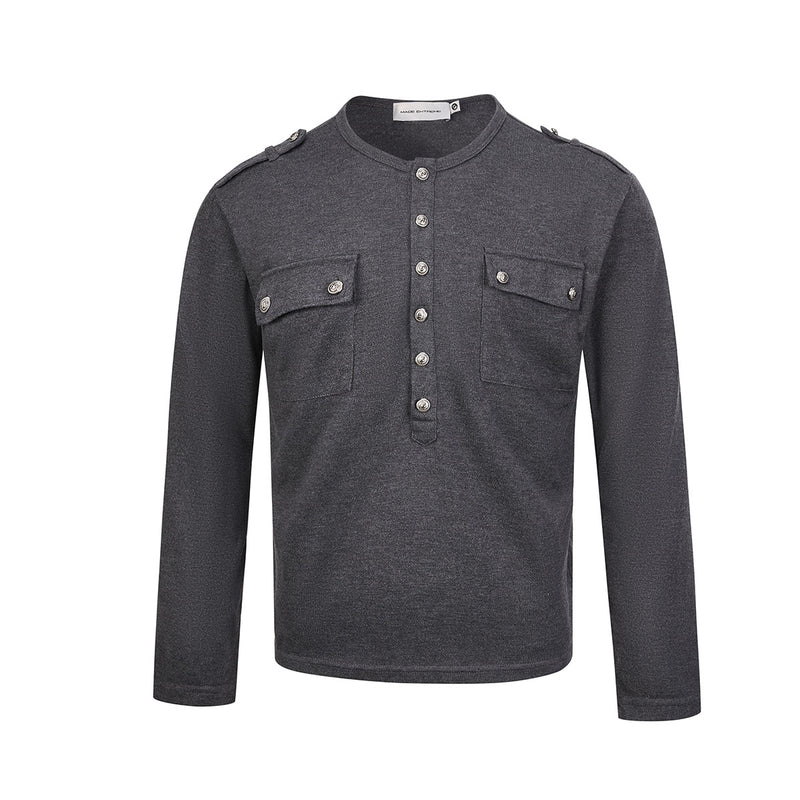 Men's Military-Style Henley Long Sleeve Shirt with Chest Pockets & Epaulettes