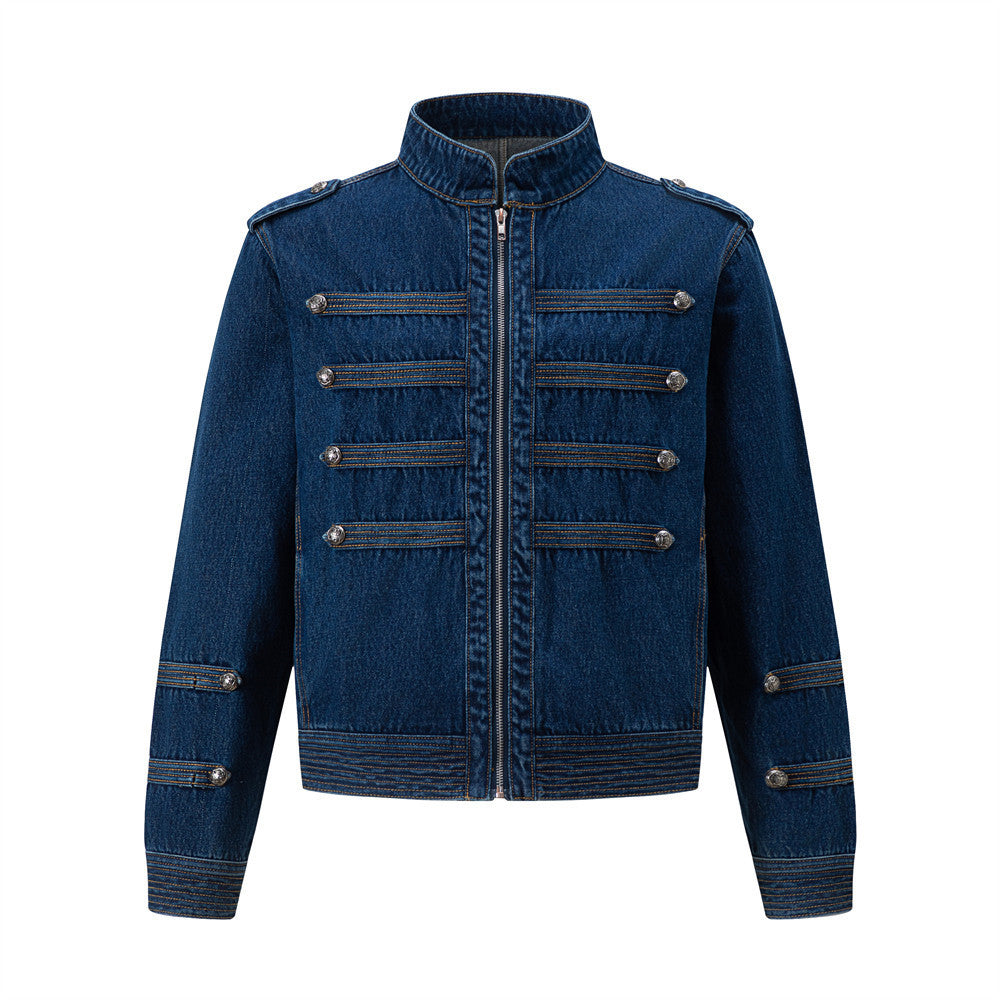 Men's Military-Style Denim Jacket – Stand Collar, Decorative Button Trim