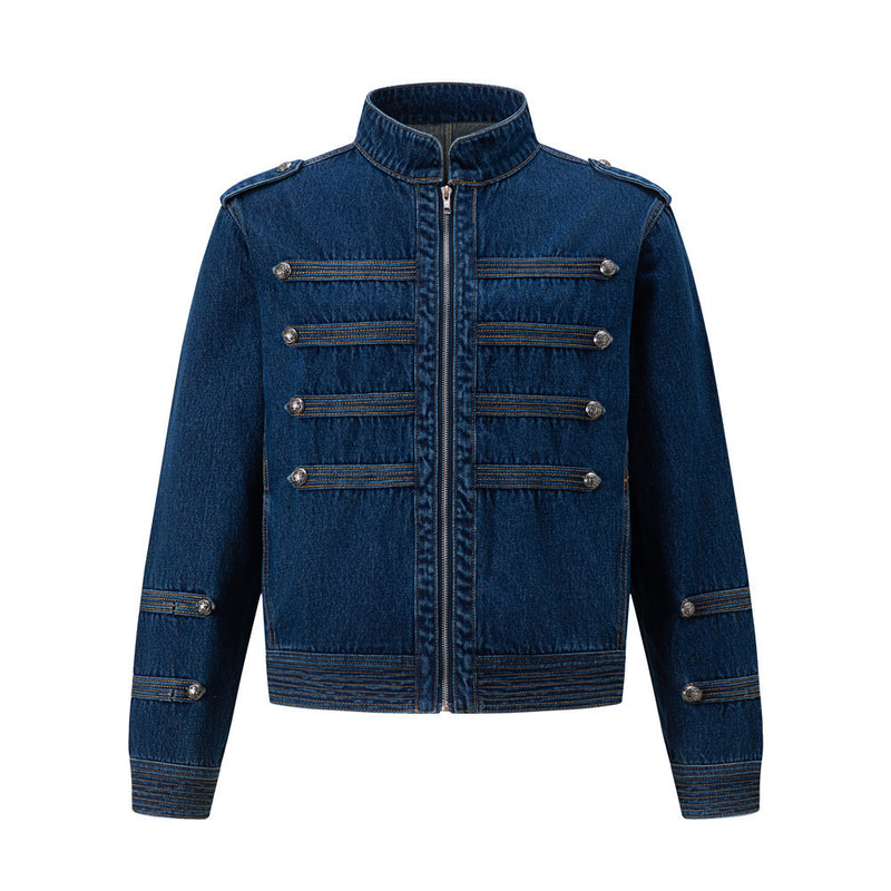 Men's Military-Style Denim Jacket – Stand Collar, Decorative Button Trim