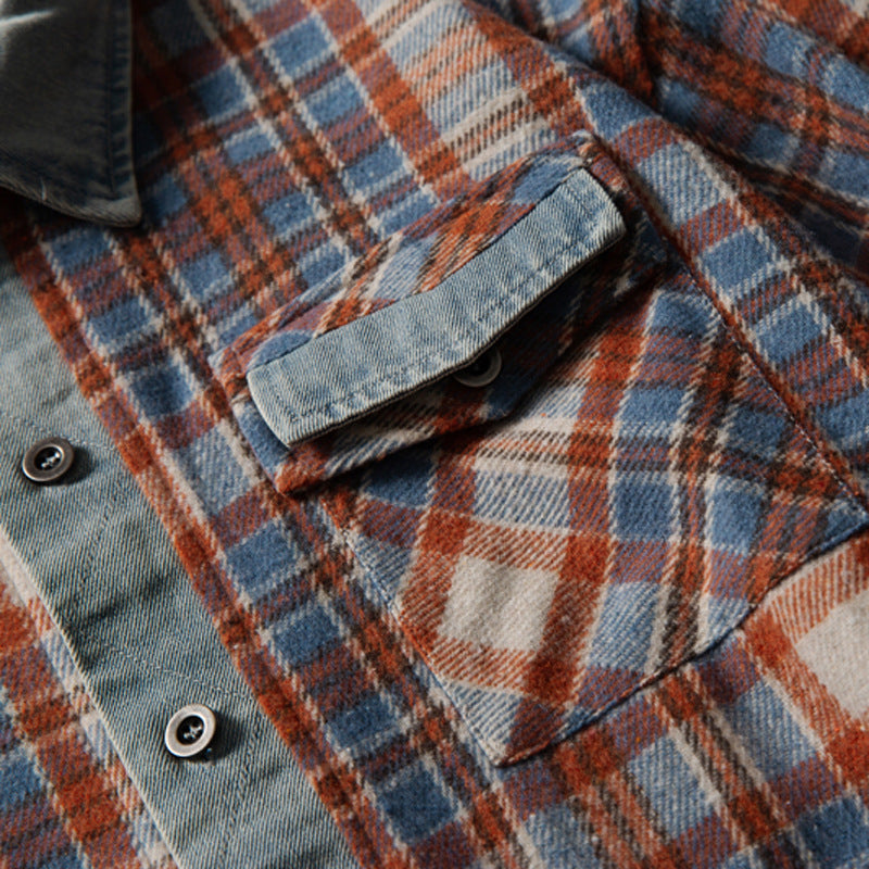Men's Red Plaid Shirt Oversized Denim-Splice Faux Two-Piece Button-Down