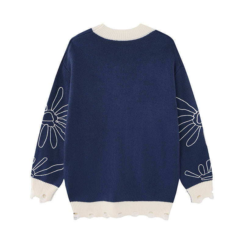 Herren-Strickcardigan mit Blumenstickerei und V-Ausschnitt – Relaxed Fit