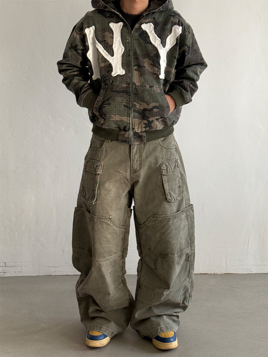 Camo NY Zip-Up Hoodie Jacket with Chenille Patch Letters