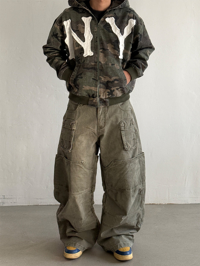 Camo NY Zip-Up Hoodie Jacket with Chenille Patch Letters