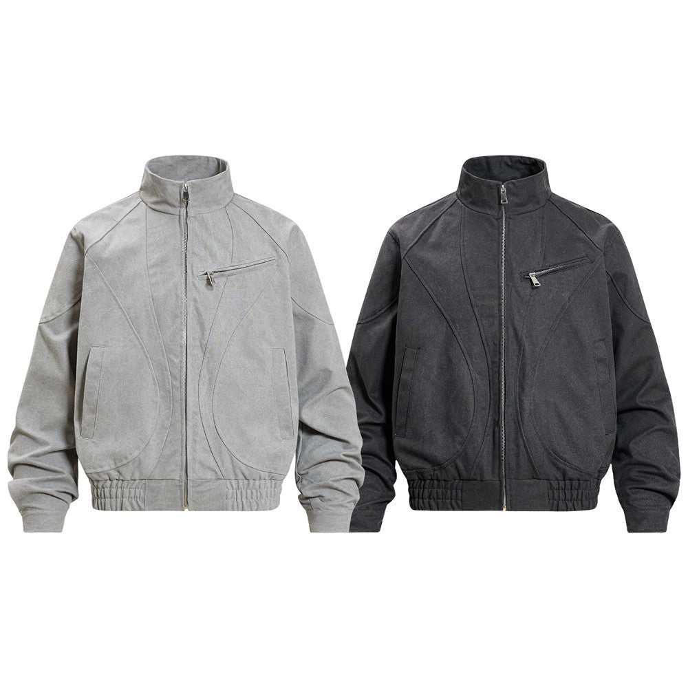 Men's Stand Collar Bomber Jacket with Sculptural Seam Detail