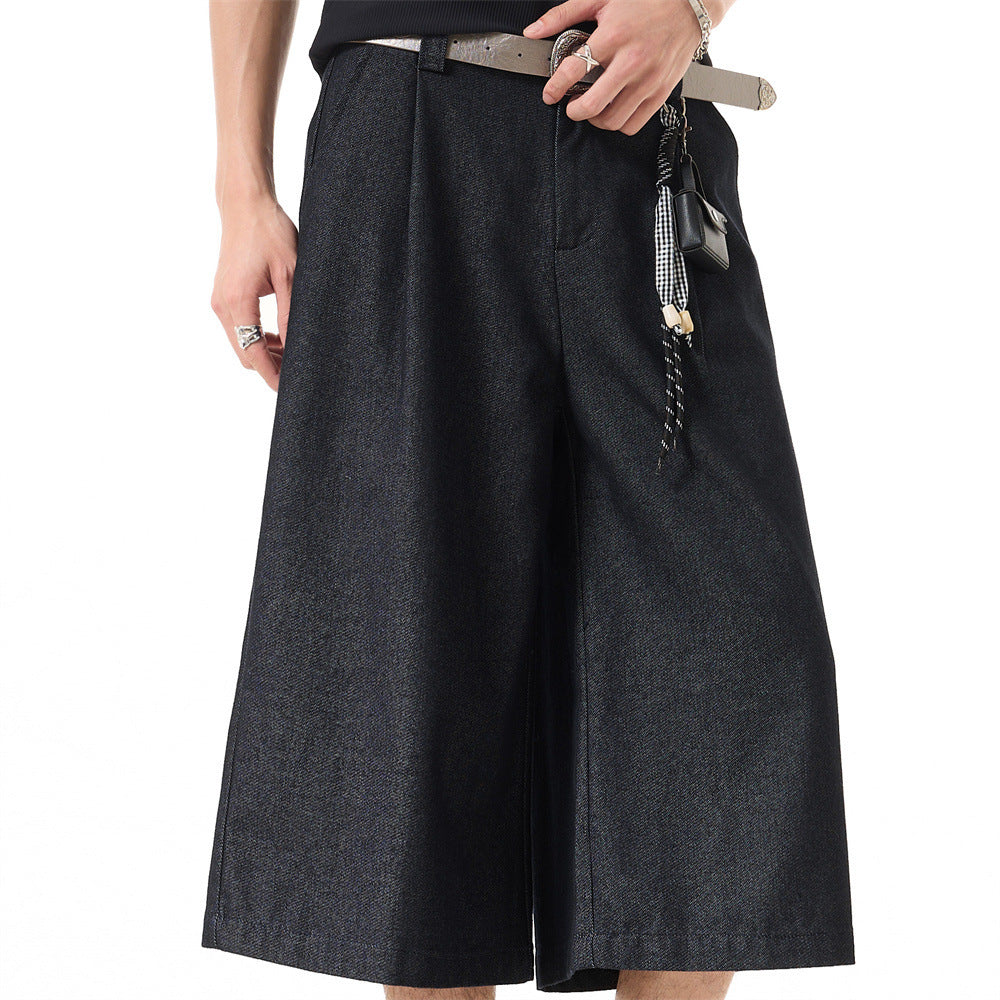 Wide-Leg Pleated Cropped Shorts with Belt – Men's Relaxed Fit