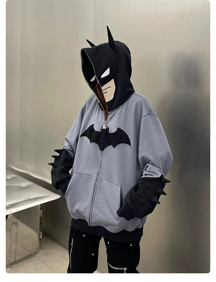 Von Batman inspirierter Hoodie – Übergroßes Superhelden-Sweatshirt in Grau und Schwarz mit Reißverschluss, 400 g/m²