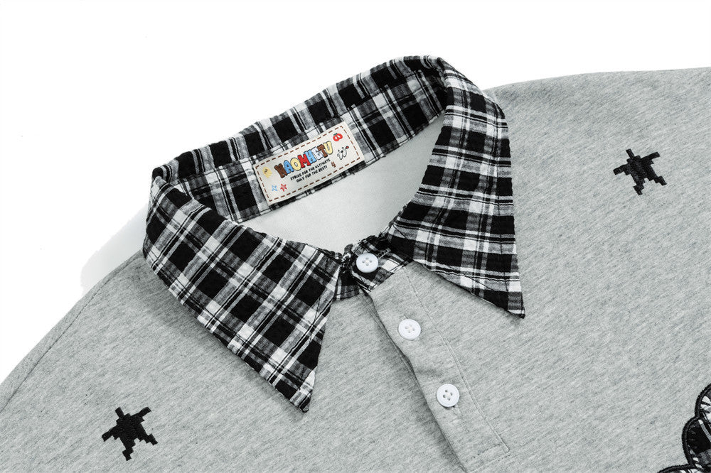 Layered-Look Plaid Collar Sweatshirt with Cartoon Sheep Appliqué