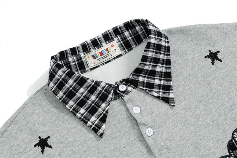 Layered-Look Plaid Collar Sweatshirt with Cartoon Sheep Appliqué