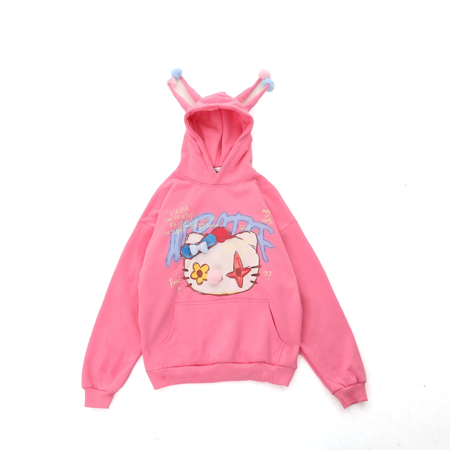 The Seakoff Kawaii Pom-Pom Crown Hoodie is a playful streetwear piece in grey, featuring unique cat graphics with 3D pom details, perfectly blending whimsy and style.