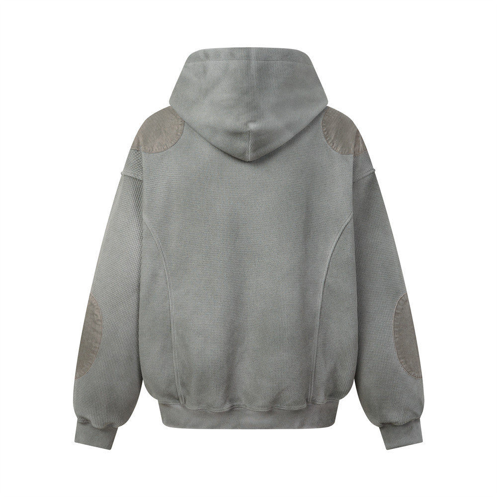 Sweat à capuche homme en maille gaufrée délavée à l’acide, oversize, avec poches cargo zippées