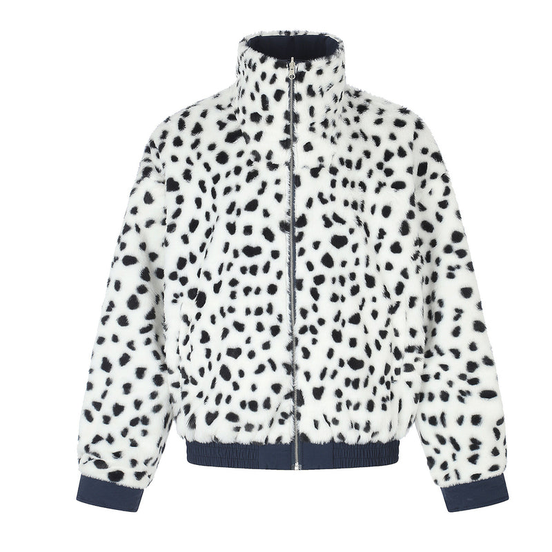 Reversible Dalmatian Faux Fur Bomber Jacket – Two-Way Wear Padded Coat