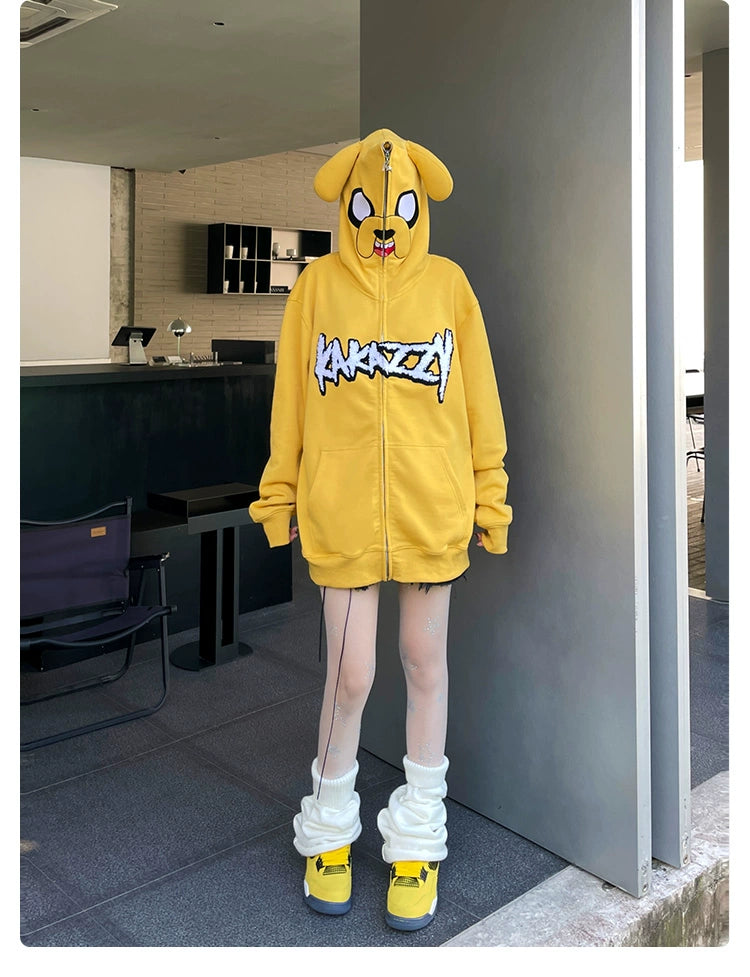 Kawaii Yellow Dog Hoodie - 400GSM Cotton Oversized Zip-Up Hoodie for Anime Streetwear Fans