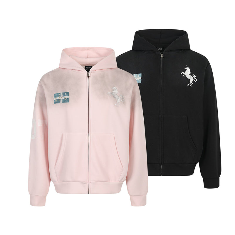 Zip-Hoodie mit aufgesticktem Einhorn und Badge-Patches – Gewaschener Farbverlauf