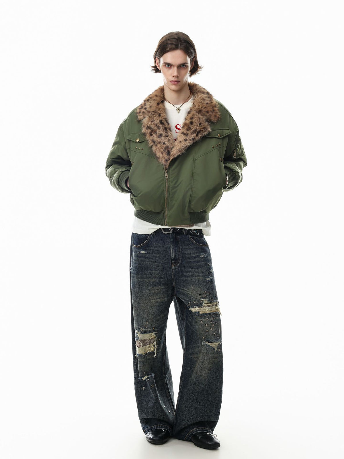 Army Green Bomber Jacket with Leopard Faux Fur Collar & Studs