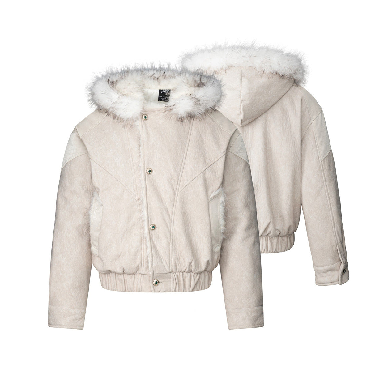 Faux Fur Trim Hooded Bomber Jacket – Textured Fleece with PU Leather Panels